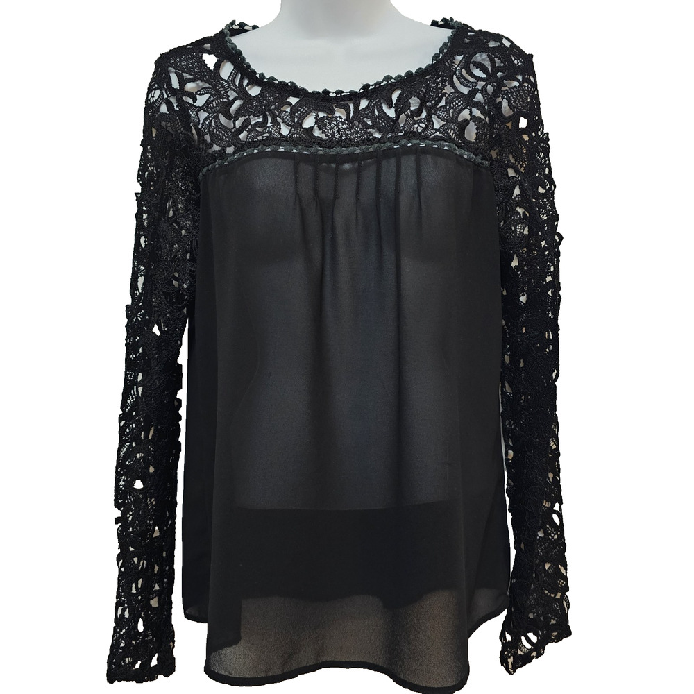 Womens Top M Black Sheer Lace Gothic Romantic Y2K Grunge Whimsigoth Fairy